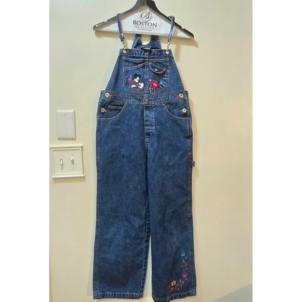 Vintage Disney Mickey Unlimited Overalls Girls Size 10 Blue Denim Floral